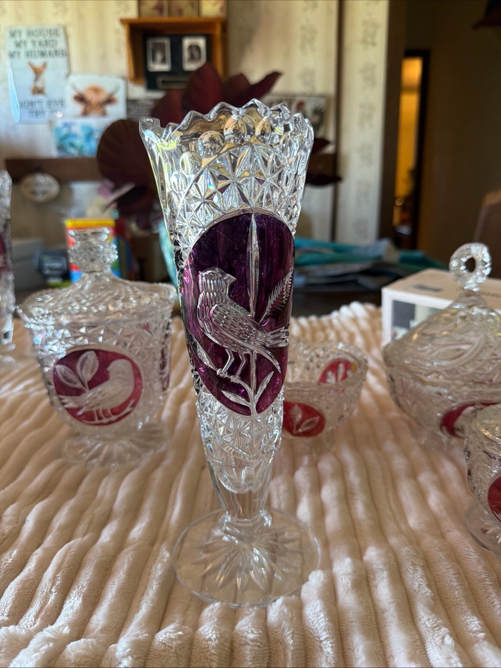 Cut Crystal Bud Vase with Purple Bird Accen small d125 whole set